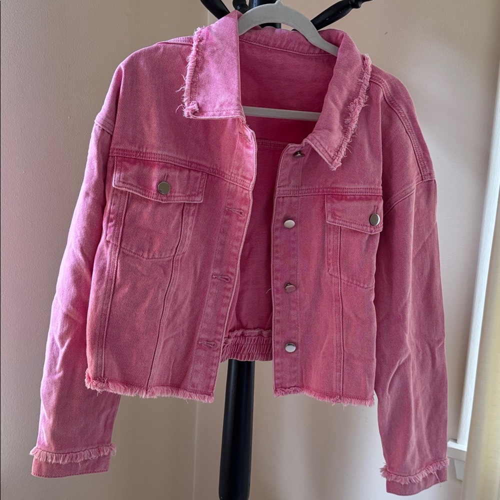 Pink Denim Jacket. Cropped frayed detail.